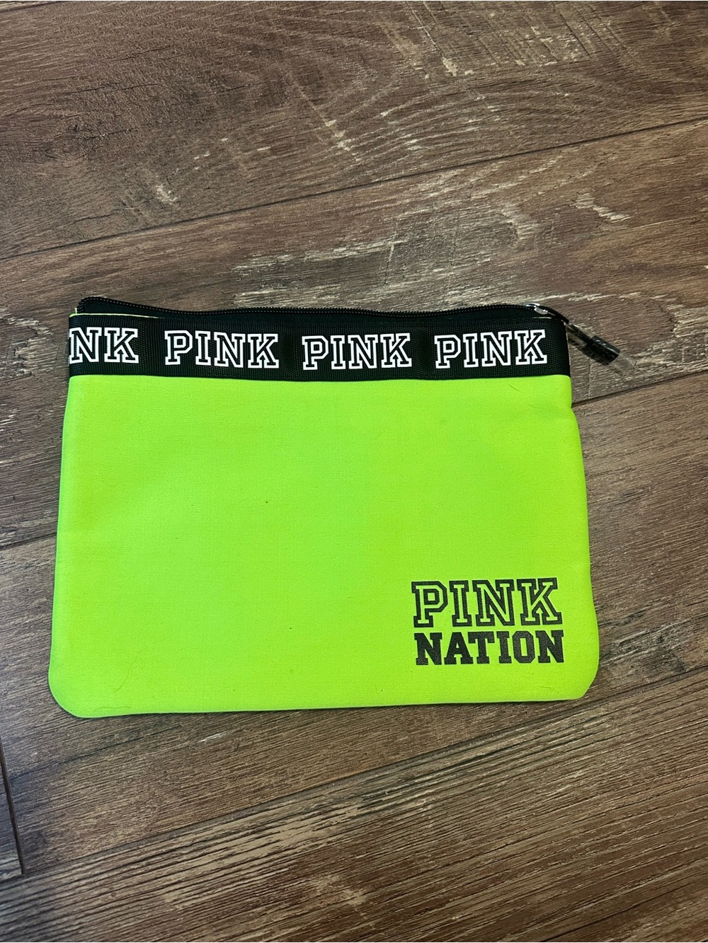 Victoria's Secret PINK Nation Neon Lime Green Cosmetic Pouch with Black Trim